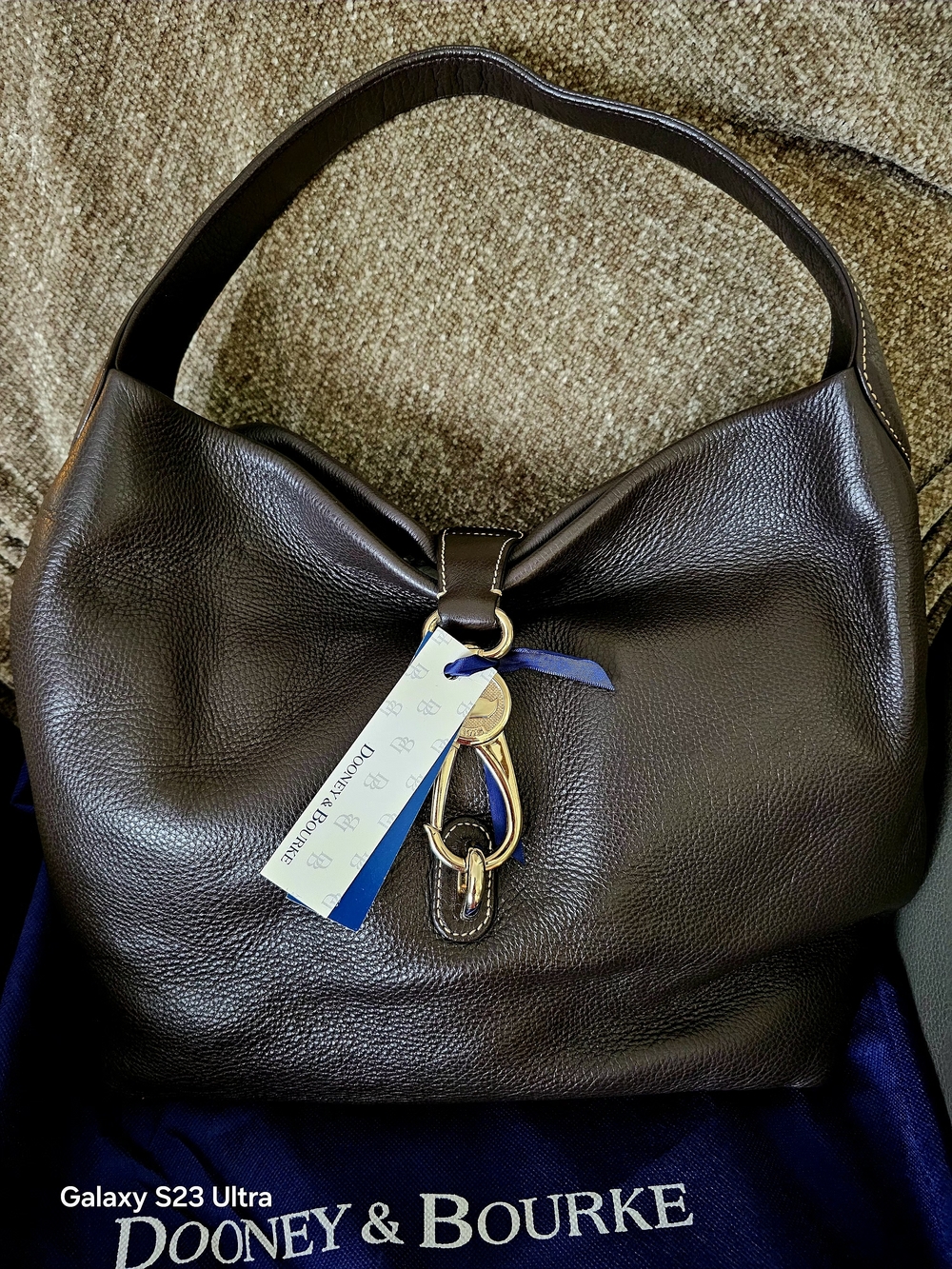 Dooney & Bourke Dark Brown Pebbled Leather Large Logo Lock Shoulder Bag